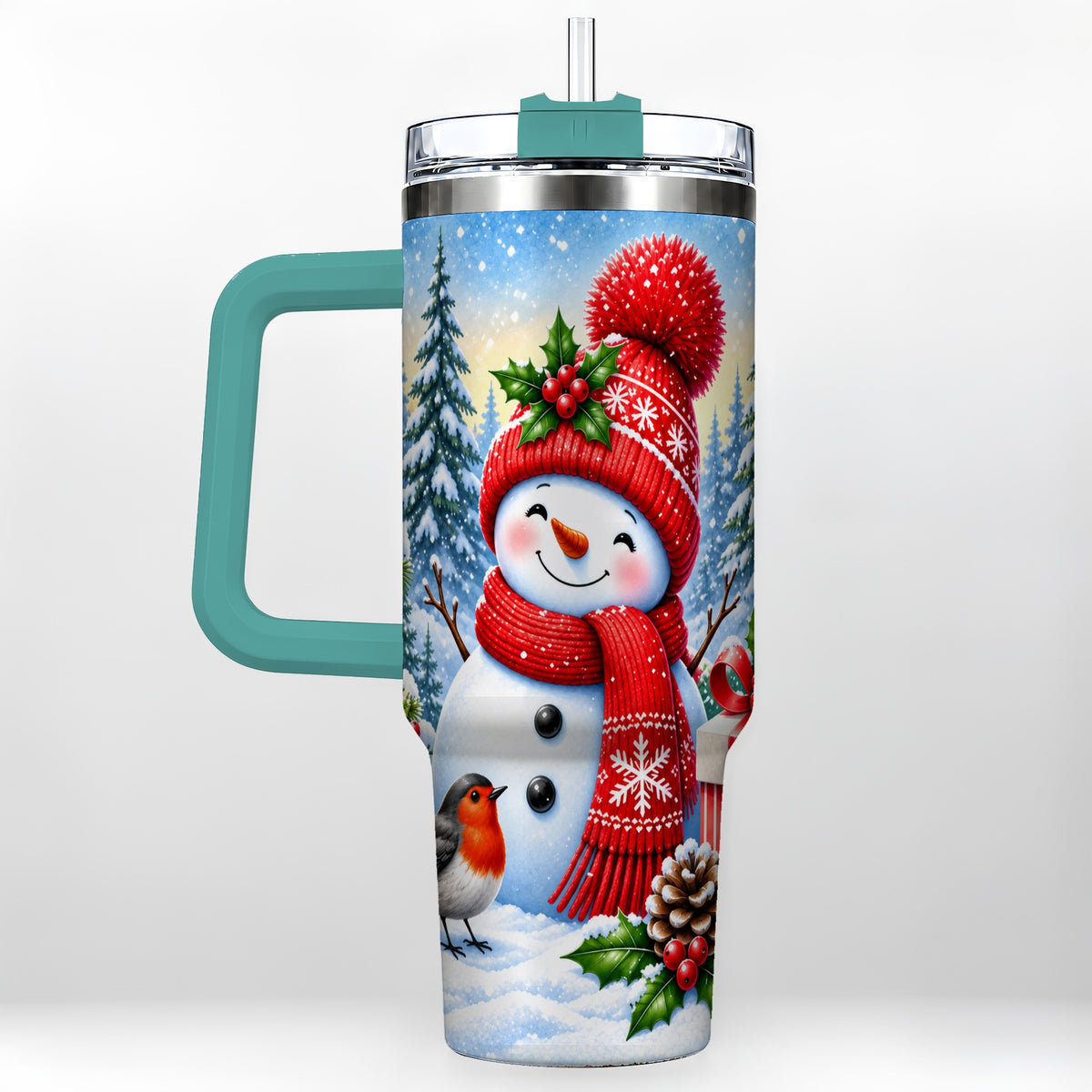 #pl[40oz|Green] Christmas Snowman 40oz Tumbler with Handle, Winter Stainless Steel Cup