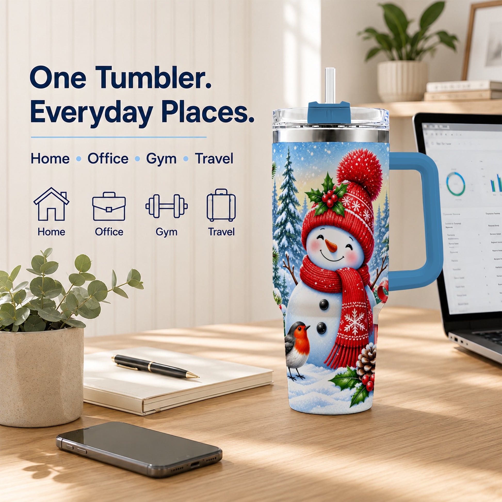 #pl[40oz|Blue] Christmas Snowman 40oz Tumbler with Handle, Winter Stainless Steel Cup