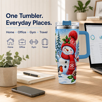 #pl[40oz|Blue] Christmas Snowman 40oz Tumbler with Handle, Winter Stainless Steel Cup