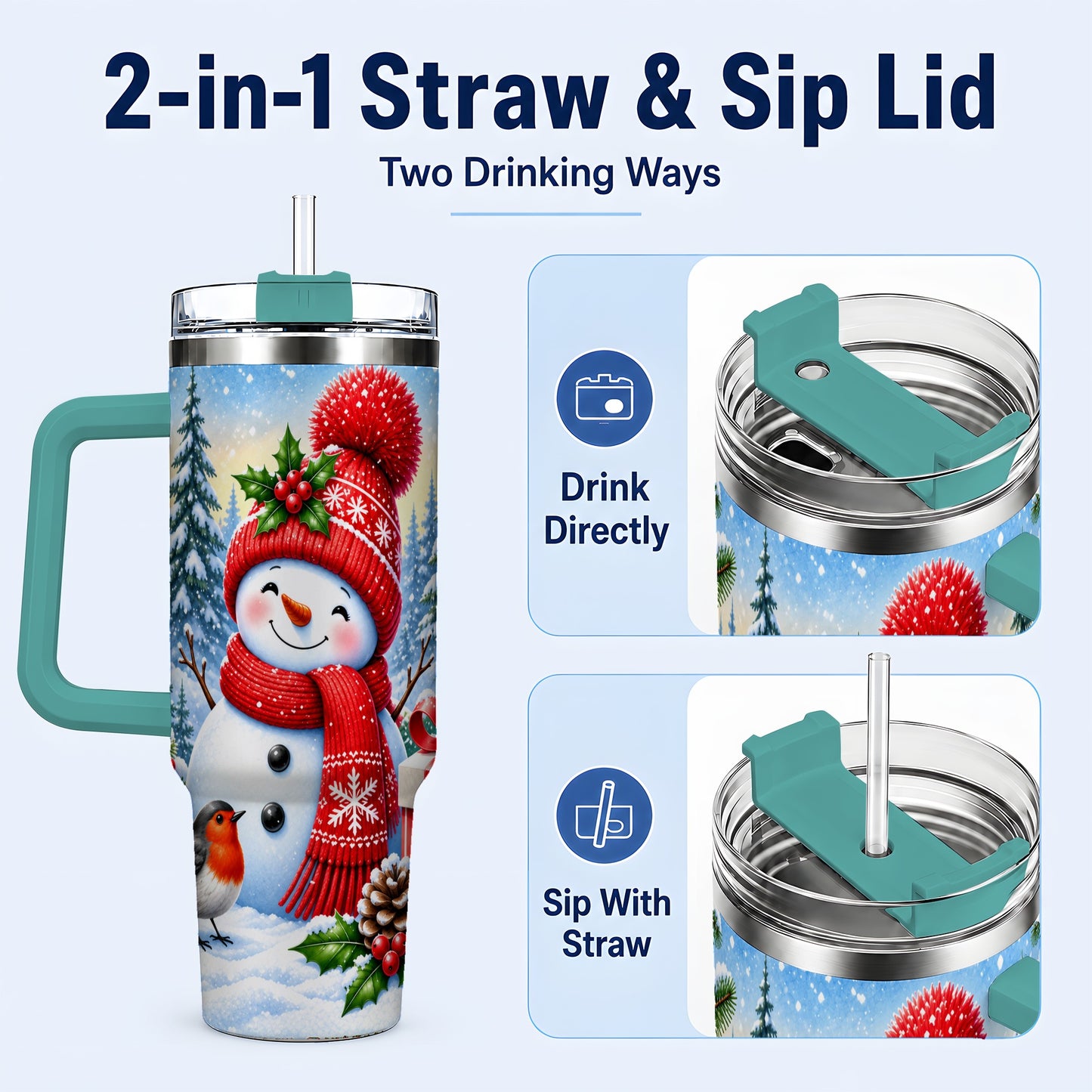 #pl[40oz|Green] Christmas Snowman 40oz Tumbler with Handle, Winter Stainless Steel Cup