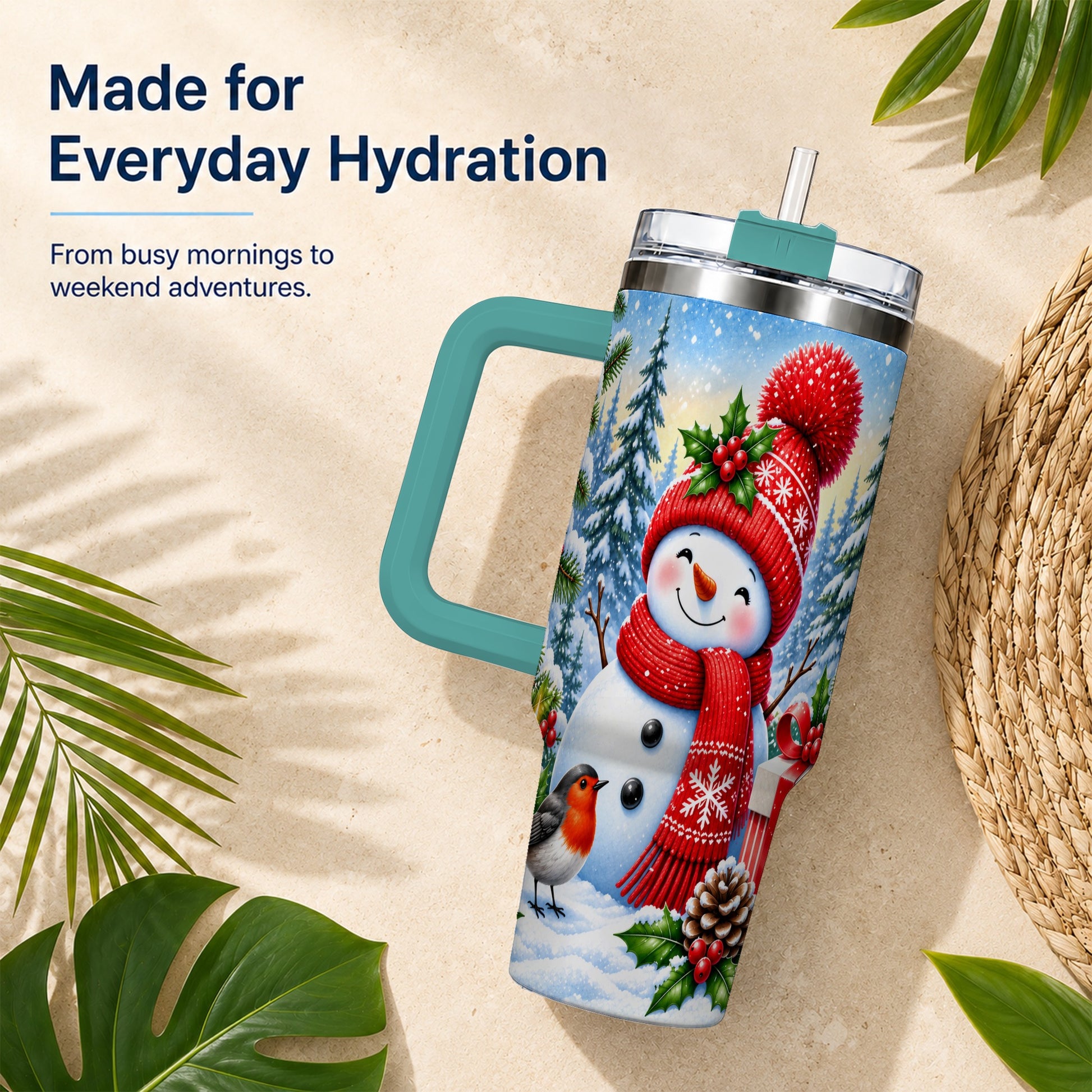 #pl[40oz|Green] Christmas Snowman 40oz Tumbler with Handle, Winter Stainless Steel Cup