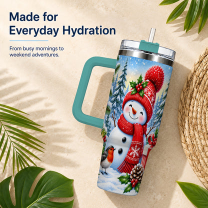 #pl[40oz|Green] Christmas Snowman 40oz Tumbler with Handle, Winter Stainless Steel Cup