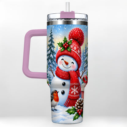 #pl[40oz|Pink] Christmas Snowman 40oz Tumbler with Handle, Winter Stainless Steel Cup