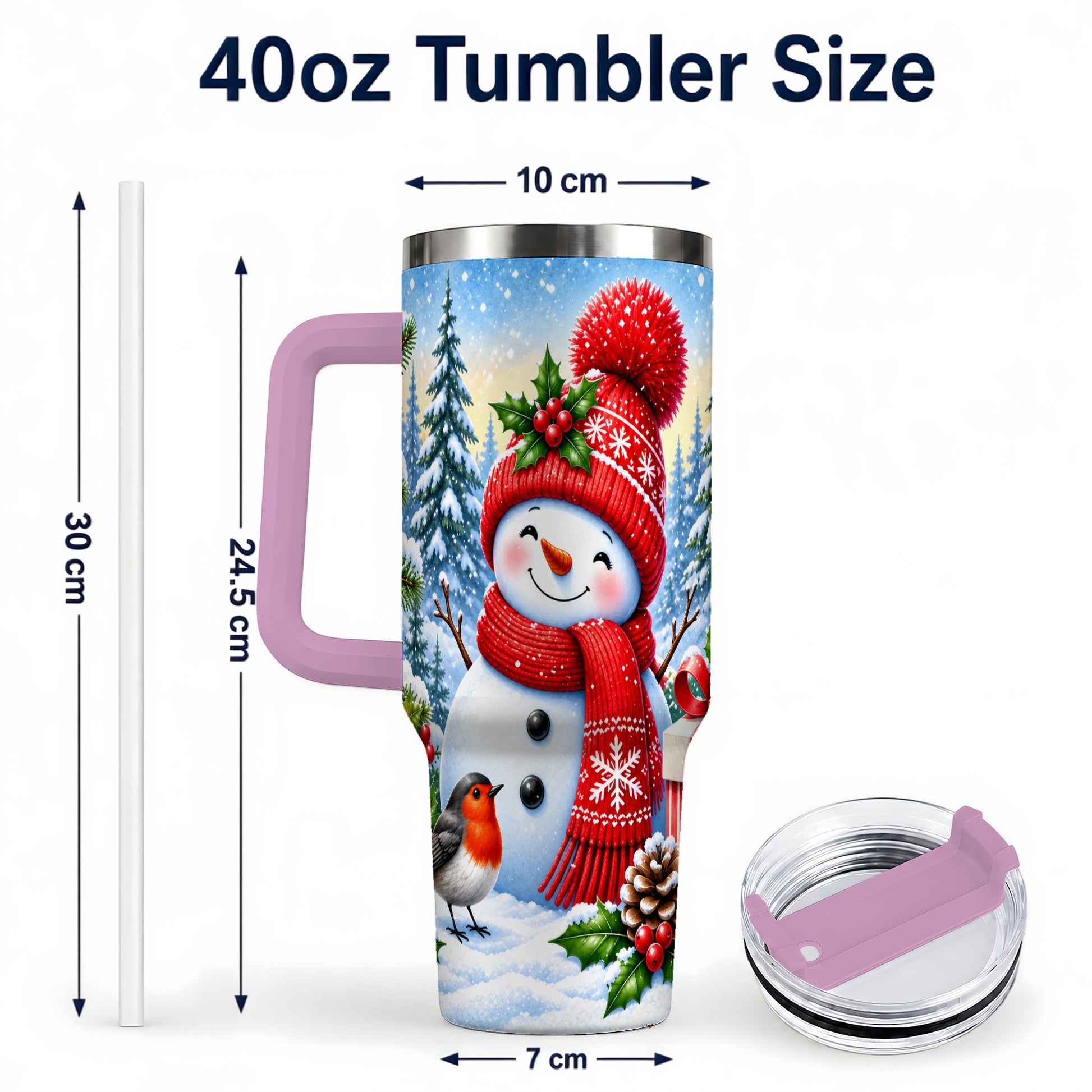#pl[40oz|Pink] Christmas Snowman 40oz Tumbler with Handle, Winter Stainless Steel Cup