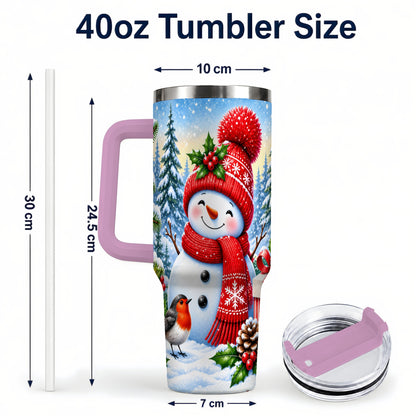 #pl[40oz|Pink] Christmas Snowman 40oz Tumbler with Handle, Winter Stainless Steel Cup