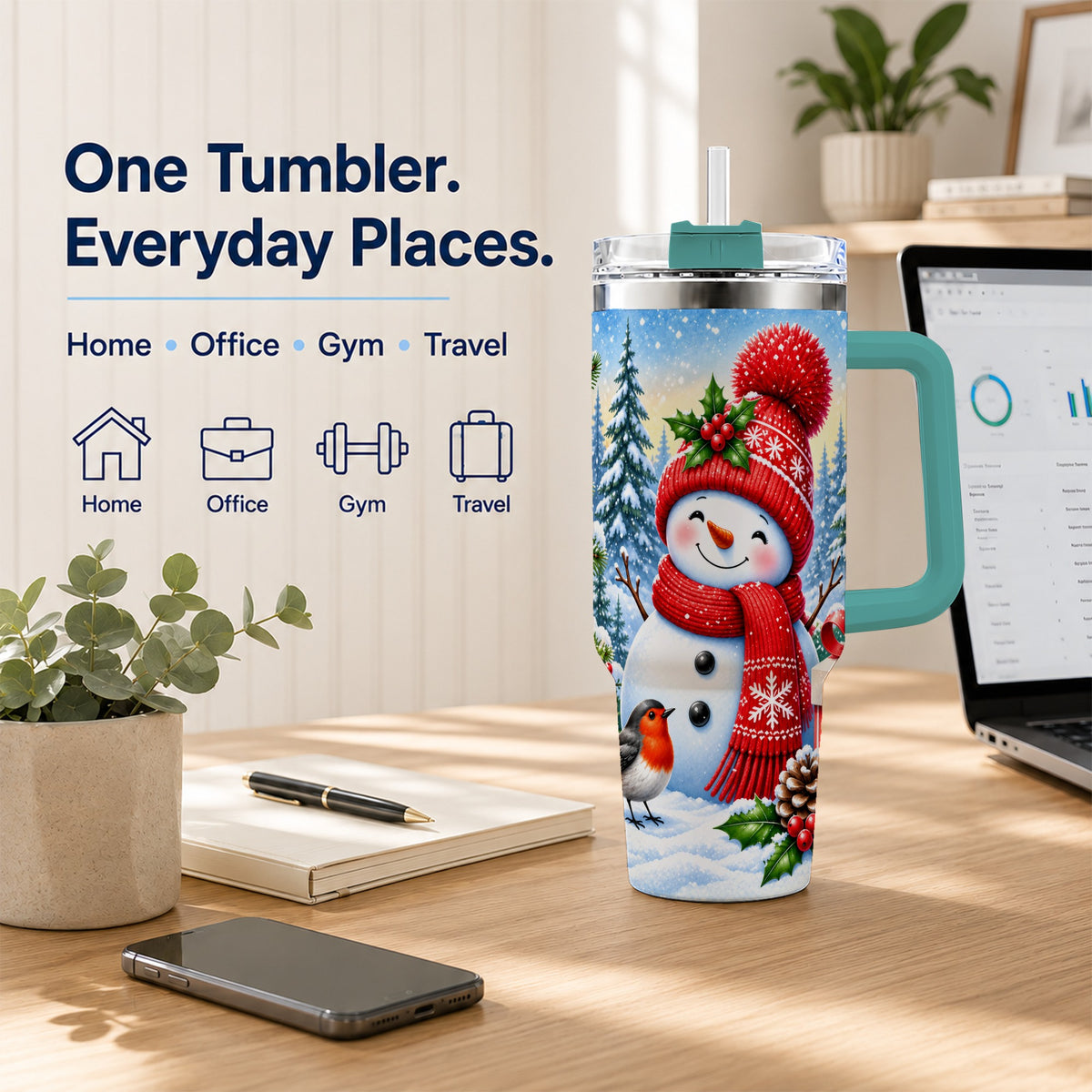 #pl[40oz|Green] Christmas Snowman 40oz Tumbler with Handle, Winter Stainless Steel Cup