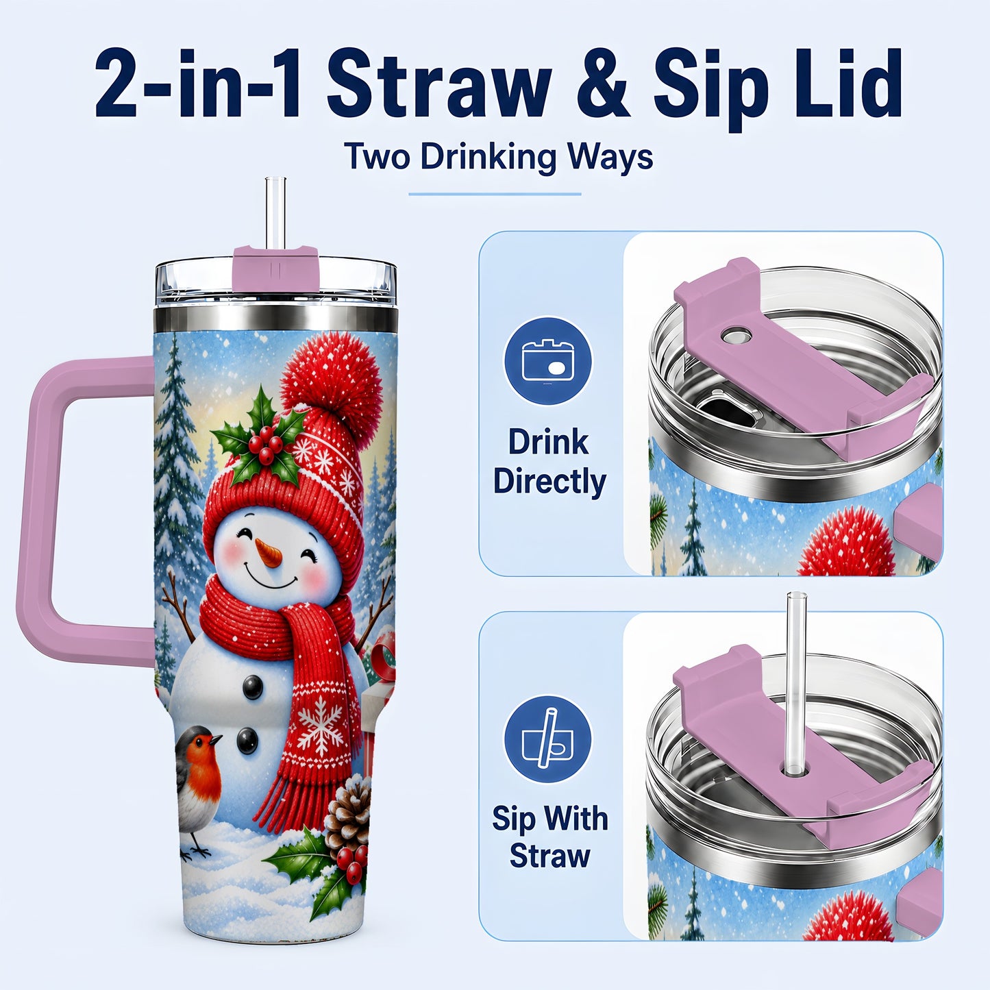 #pl[40oz|Pink] Christmas Snowman 40oz Tumbler with Handle, Winter Stainless Steel Cup
