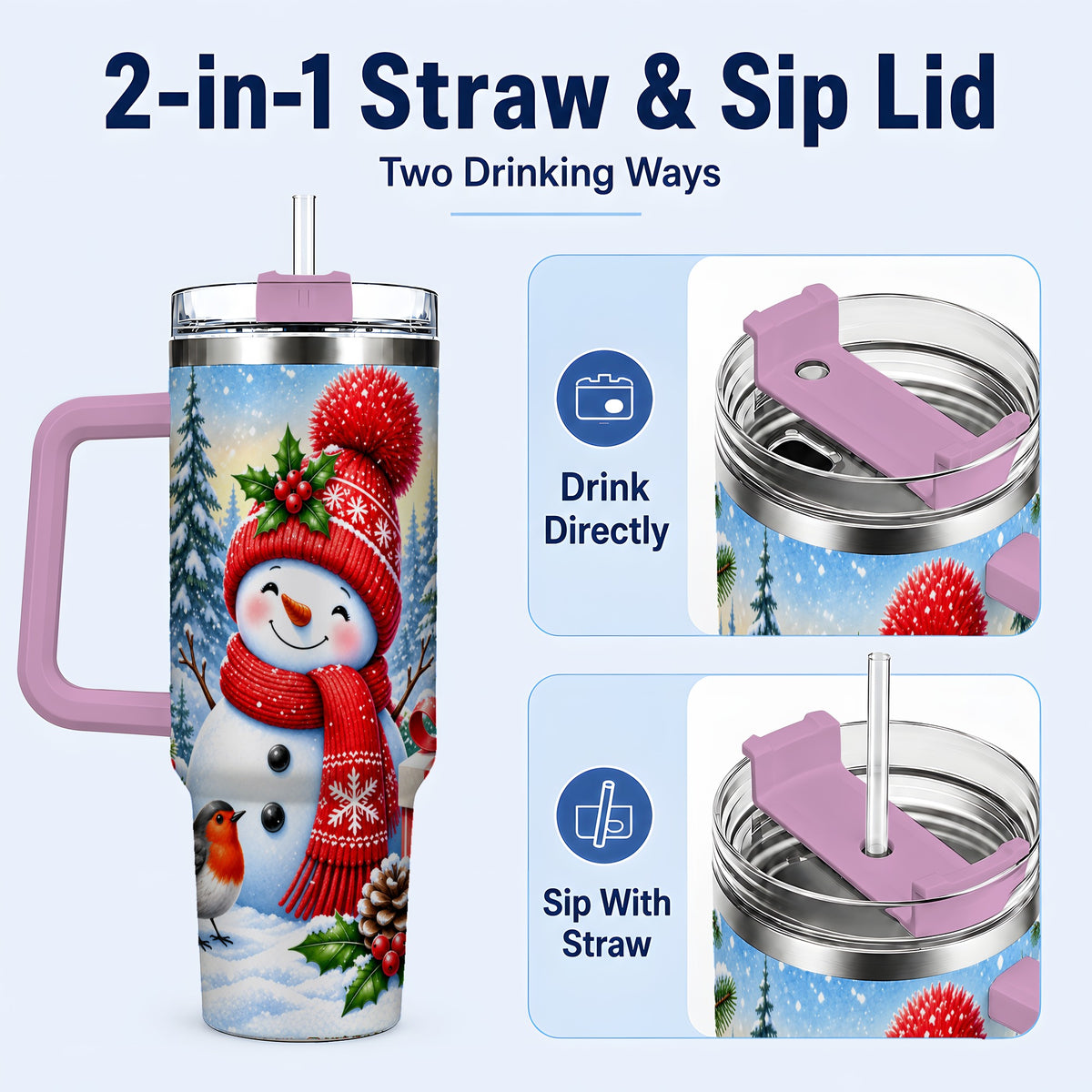 #pl[40oz|Pink] Christmas Snowman 40oz Tumbler with Handle, Winter Stainless Steel Cup