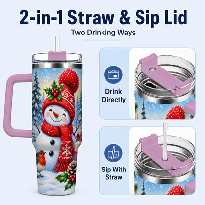 #pl[40oz|Pink] Christmas Snowman 40oz Tumbler with Handle, Winter Stainless Steel Cup