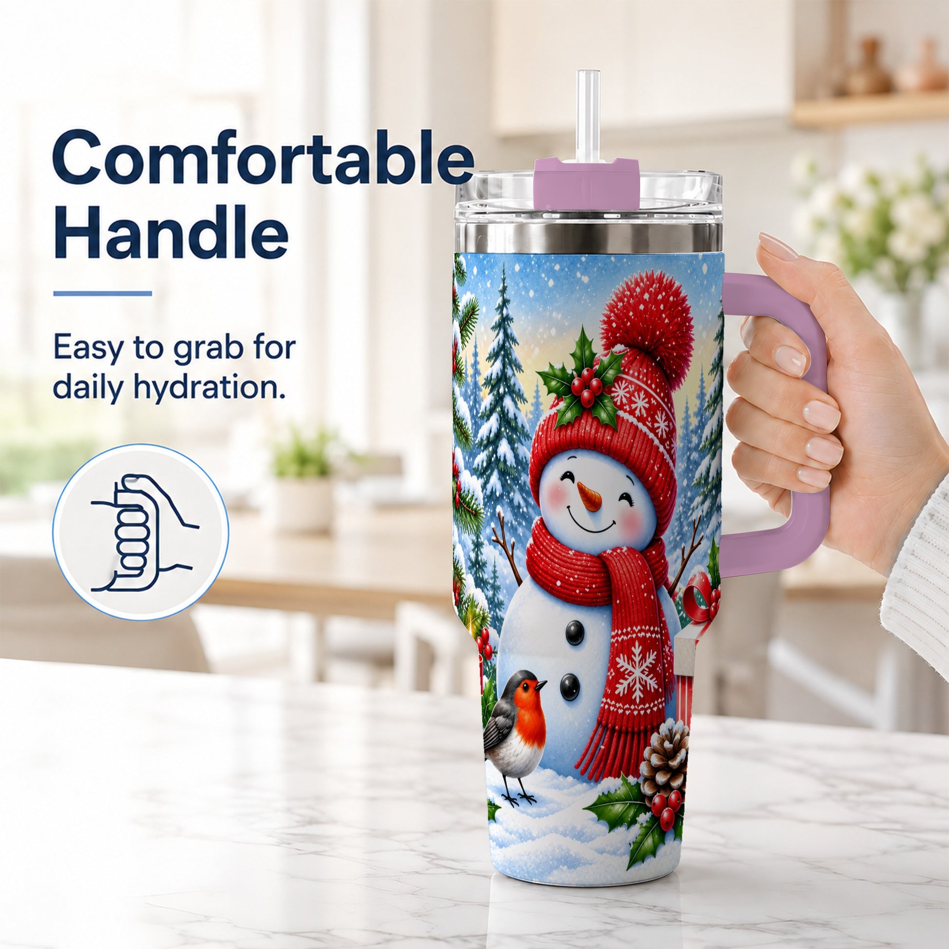#pl[40oz|Pink] Christmas Snowman 40oz Tumbler with Handle, Winter Stainless Steel Cup
