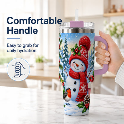 #pl[40oz|Pink] Christmas Snowman 40oz Tumbler with Handle, Winter Stainless Steel Cup