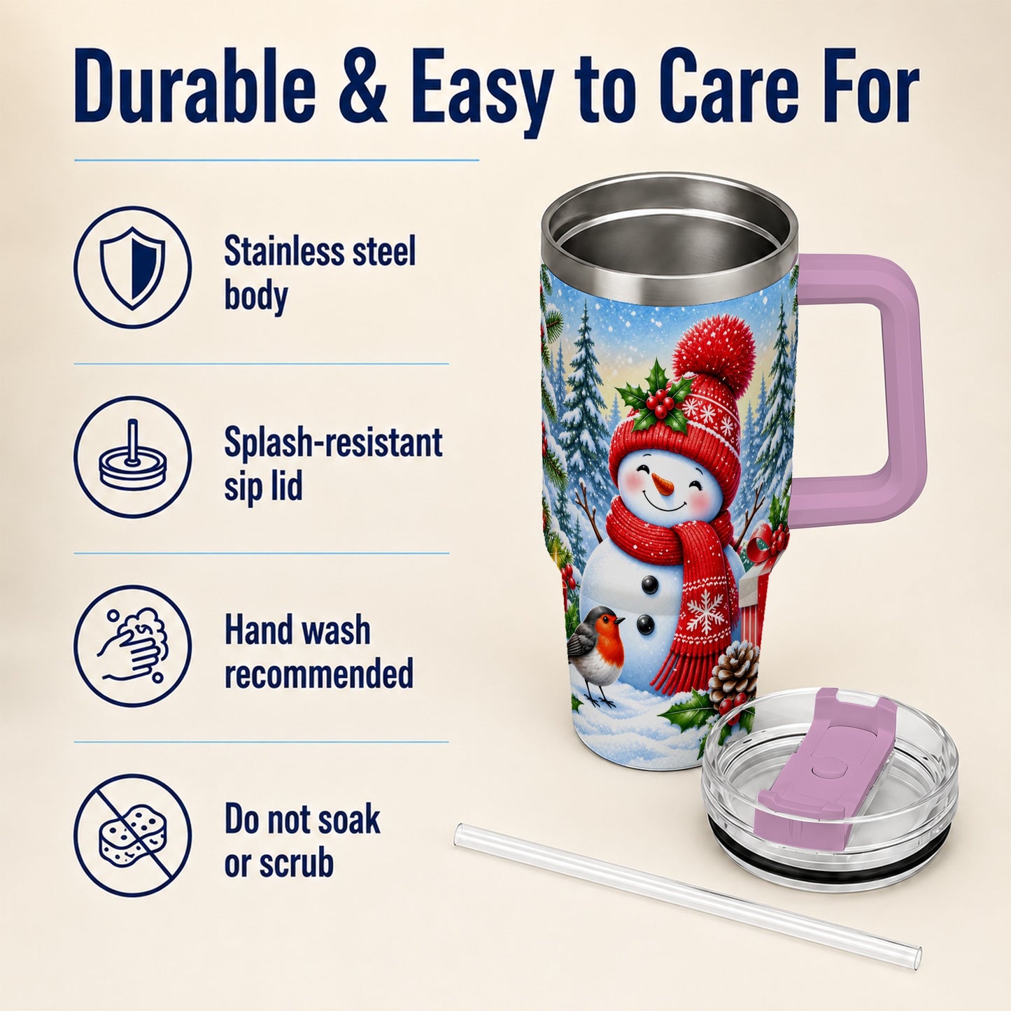 #pl[40oz|Pink] Christmas Snowman 40oz Tumbler with Handle, Winter Stainless Steel Cup