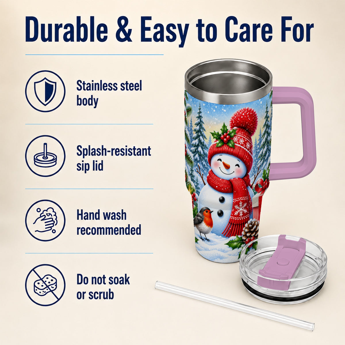 #pl[40oz|Pink] Christmas Snowman 40oz Tumbler with Handle, Winter Stainless Steel Cup