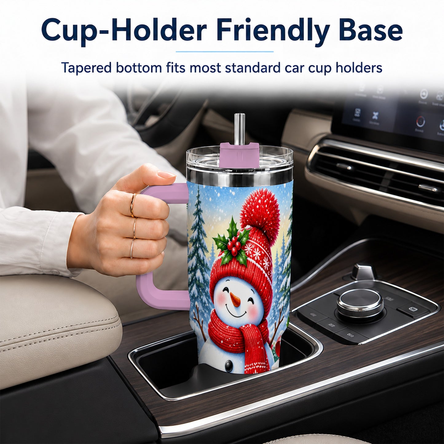 #pl[40oz|Pink] Christmas Snowman 40oz Tumbler with Handle, Winter Stainless Steel Cup