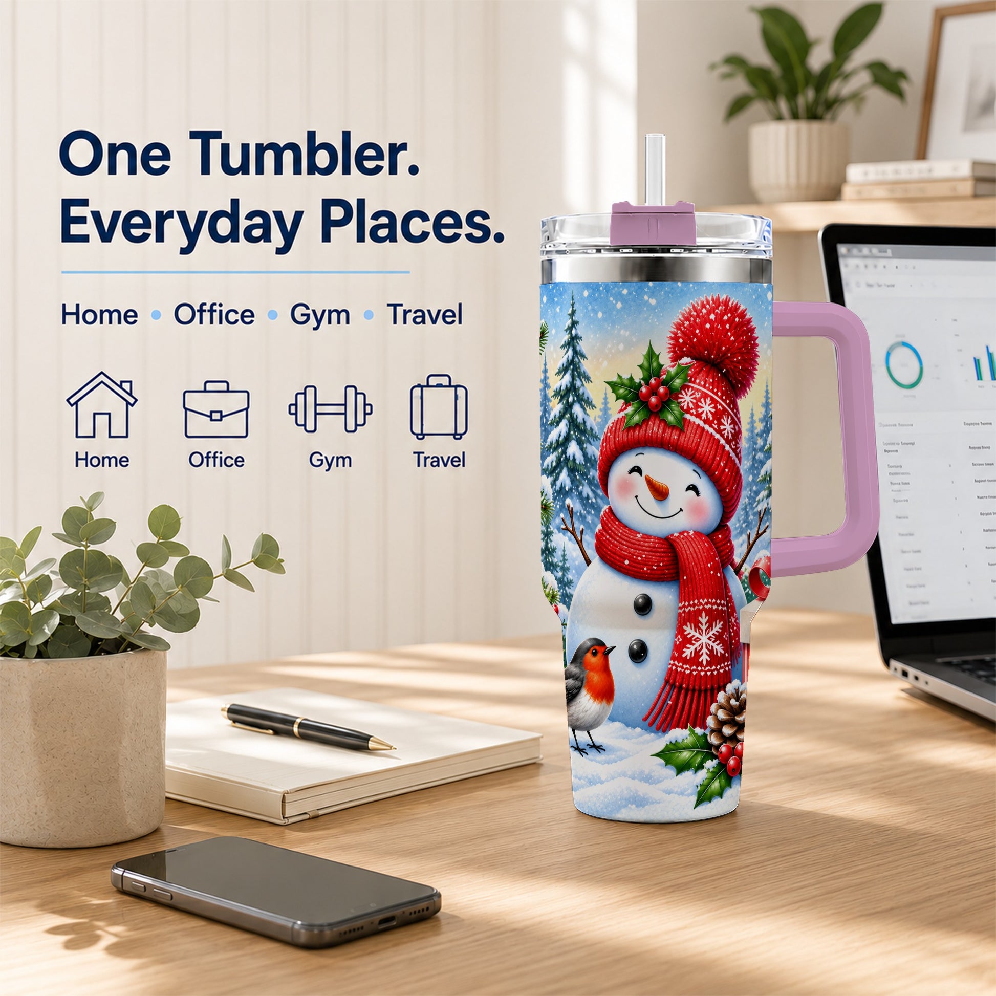 #pl[40oz|Pink] Christmas Snowman 40oz Tumbler with Handle, Winter Stainless Steel Cup