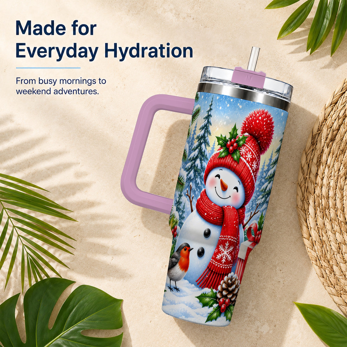 #pl[40oz|Pink] Christmas Snowman 40oz Tumbler with Handle, Winter Stainless Steel Cup