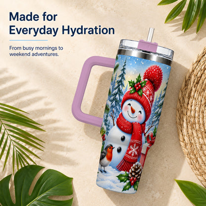 #pl[40oz|Pink] Christmas Snowman 40oz Tumbler with Handle, Winter Stainless Steel Cup