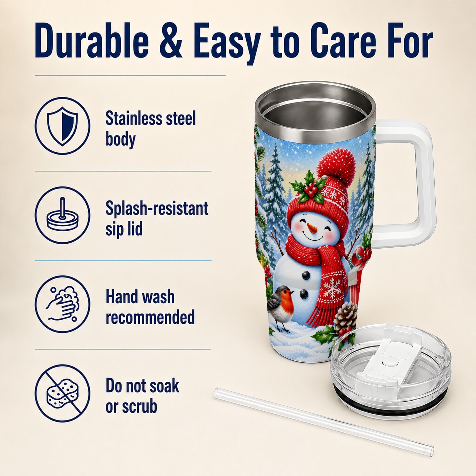 #pl[40oz|White] Christmas Snowman 40oz Tumbler with Handle, Winter Stainless Steel Cup
