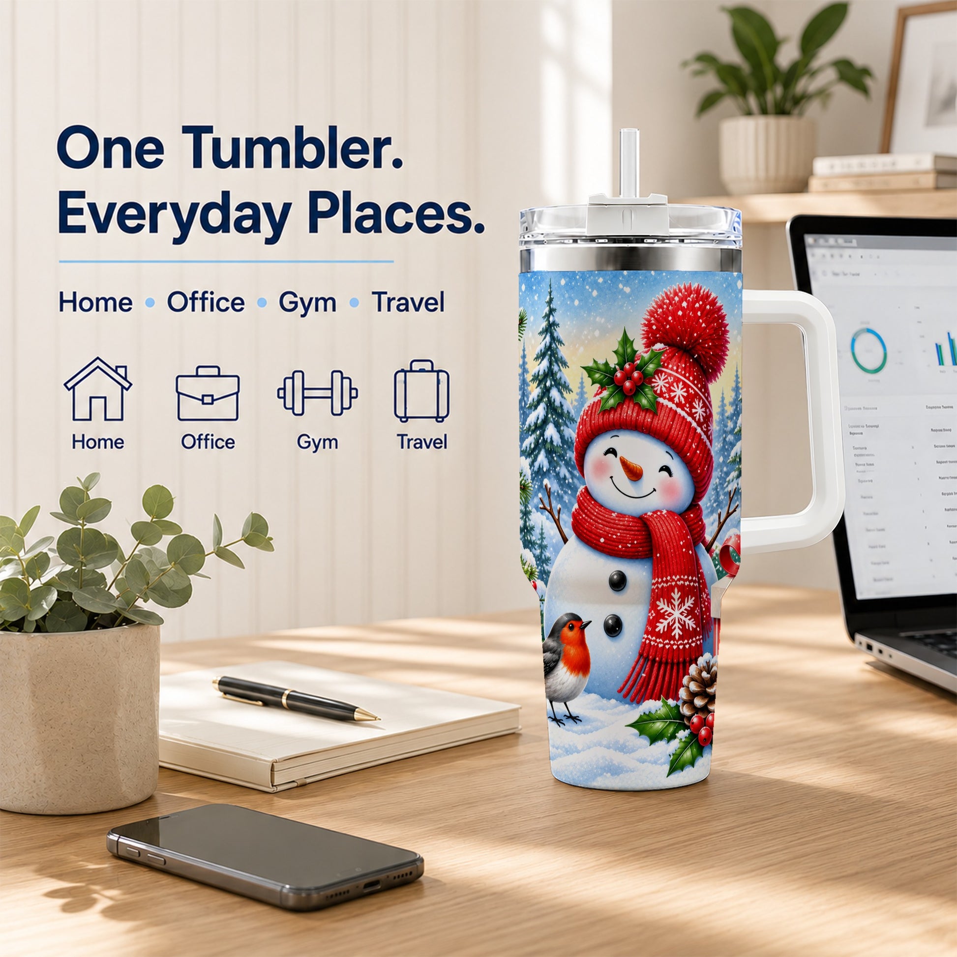 #pl[40oz|White] Christmas Snowman 40oz Tumbler with Handle, Winter Stainless Steel Cup