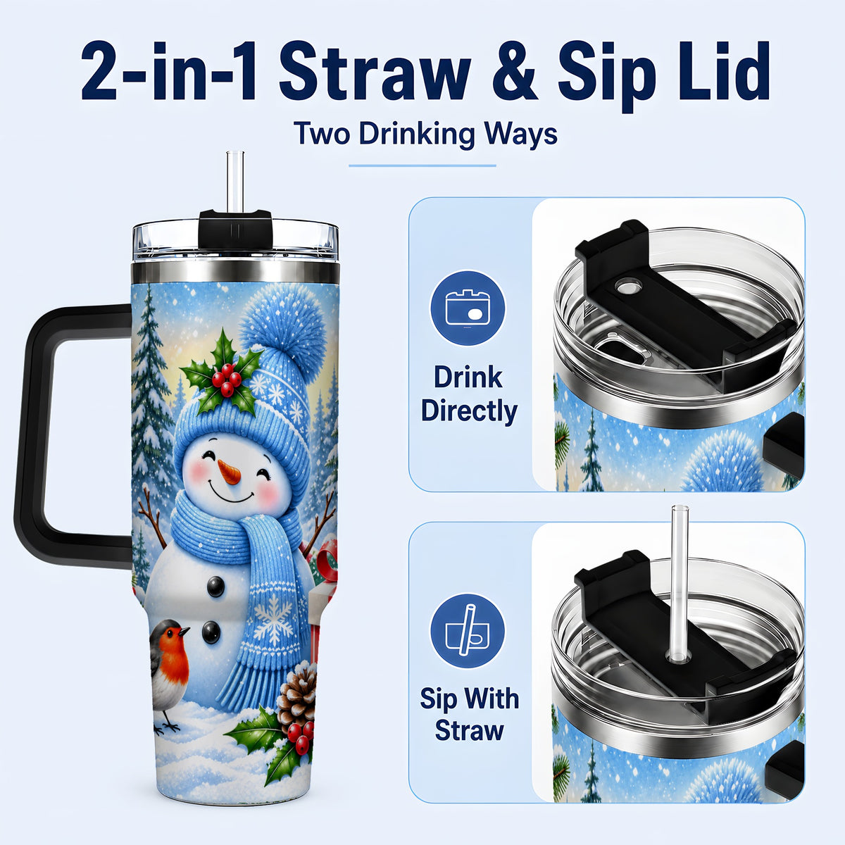 #pl[40oz|Black] Winter Snowman 40oz Tumbler with Handle, Snowy Stainless Steel Cup