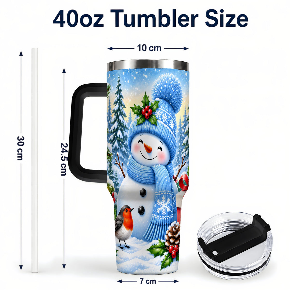 #pl[40oz|Black] Winter Snowman 40oz Tumbler with Handle, Snowy Stainless Steel Cup