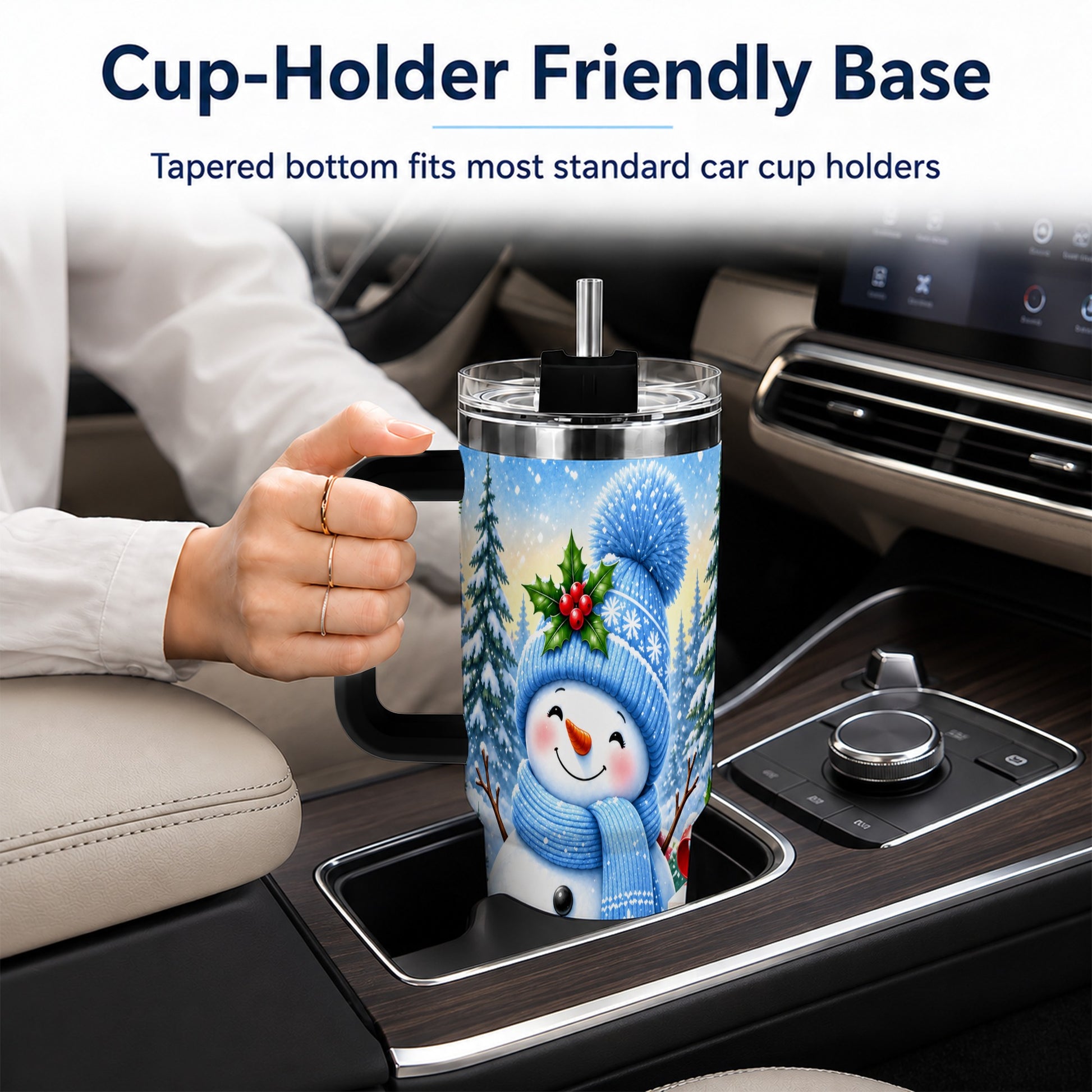 #pl[40oz|Black] Winter Snowman 40oz Tumbler with Handle, Snowy Stainless Steel Cup