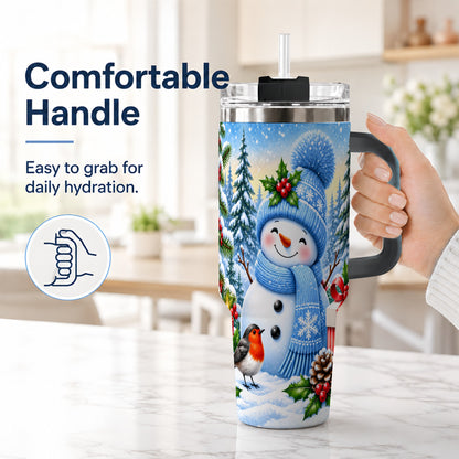 #pl[40oz|Black] Winter Snowman 40oz Tumbler with Handle, Snowy Stainless Steel Cup