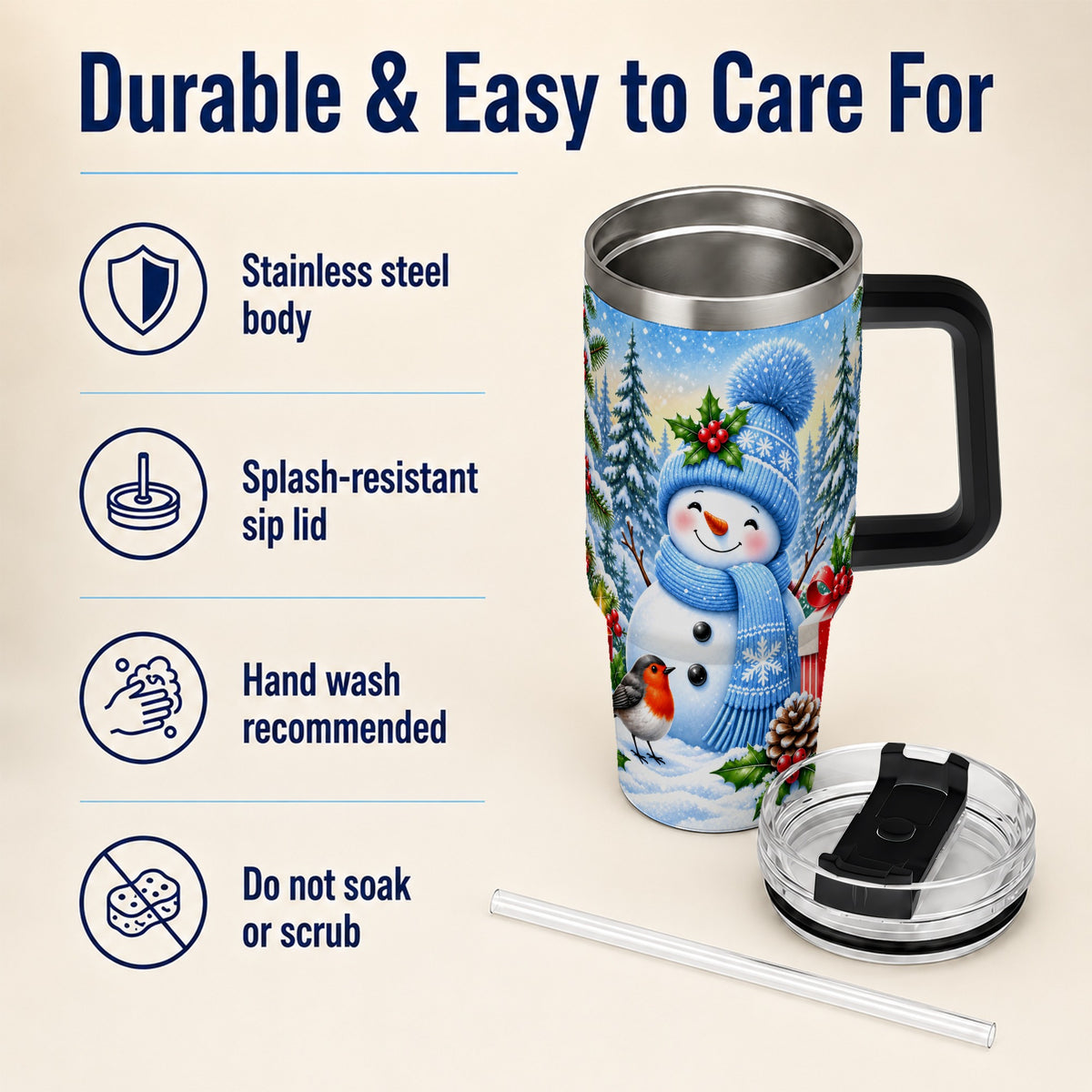 #pl[40oz|Black] Winter Snowman 40oz Tumbler with Handle, Snowy Stainless Steel Cup