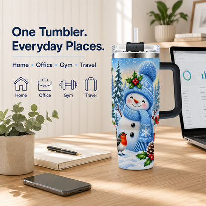 #pl[40oz|Black] Winter Snowman 40oz Tumbler with Handle, Snowy Stainless Steel Cup