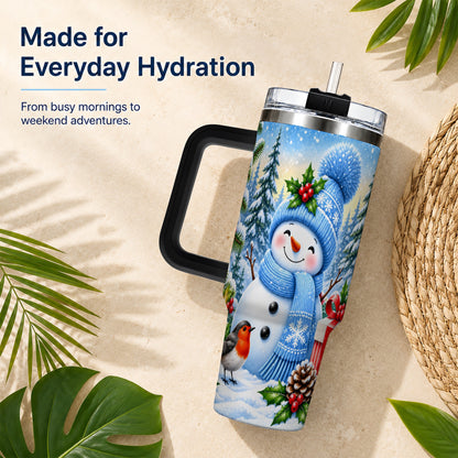 #pl[40oz|Black] Winter Snowman 40oz Tumbler with Handle, Snowy Stainless Steel Cup
