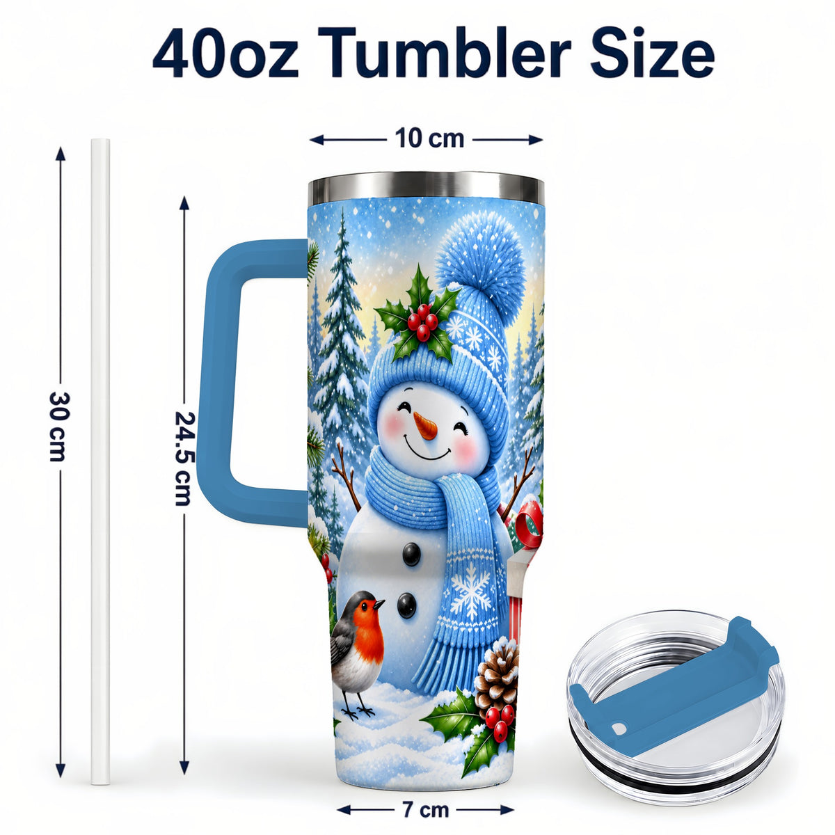 #pl[40oz|Blue] Winter Snowman 40oz Tumbler with Handle, Snowy Stainless Steel Cup