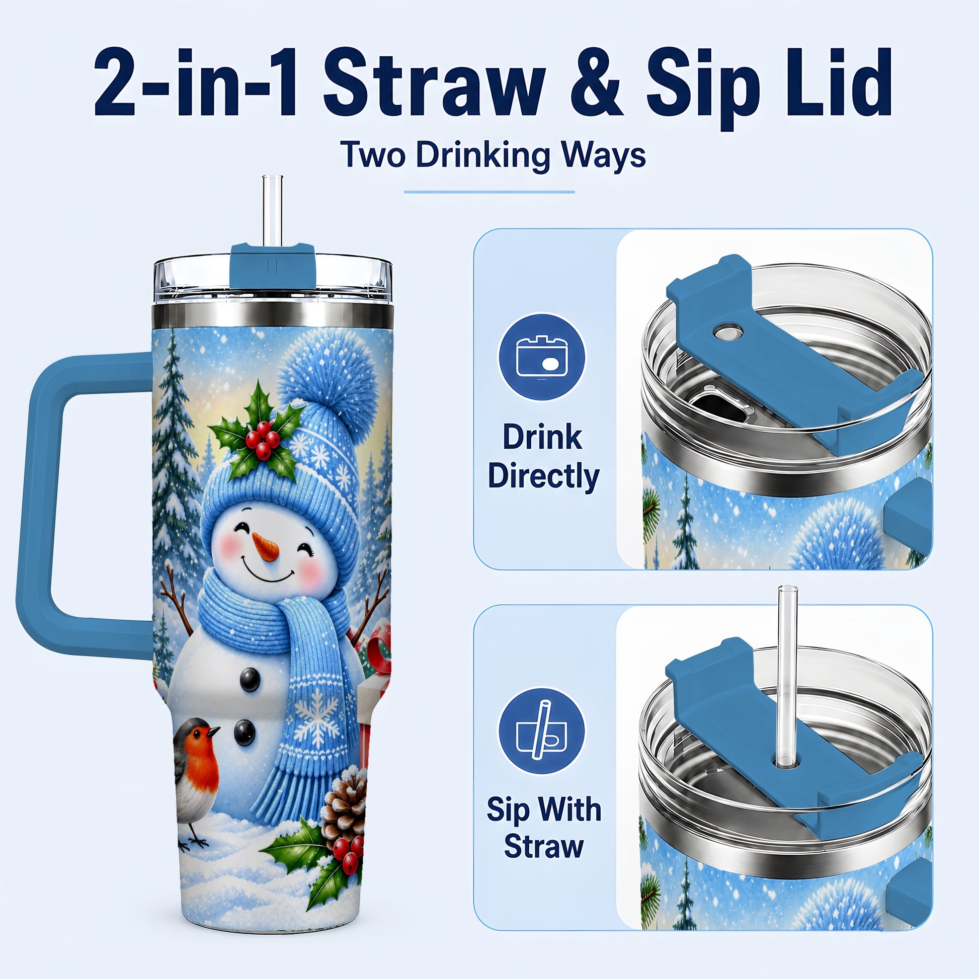 #pl[40oz|Blue] Winter Snowman 40oz Tumbler with Handle, Snowy Stainless Steel Cup