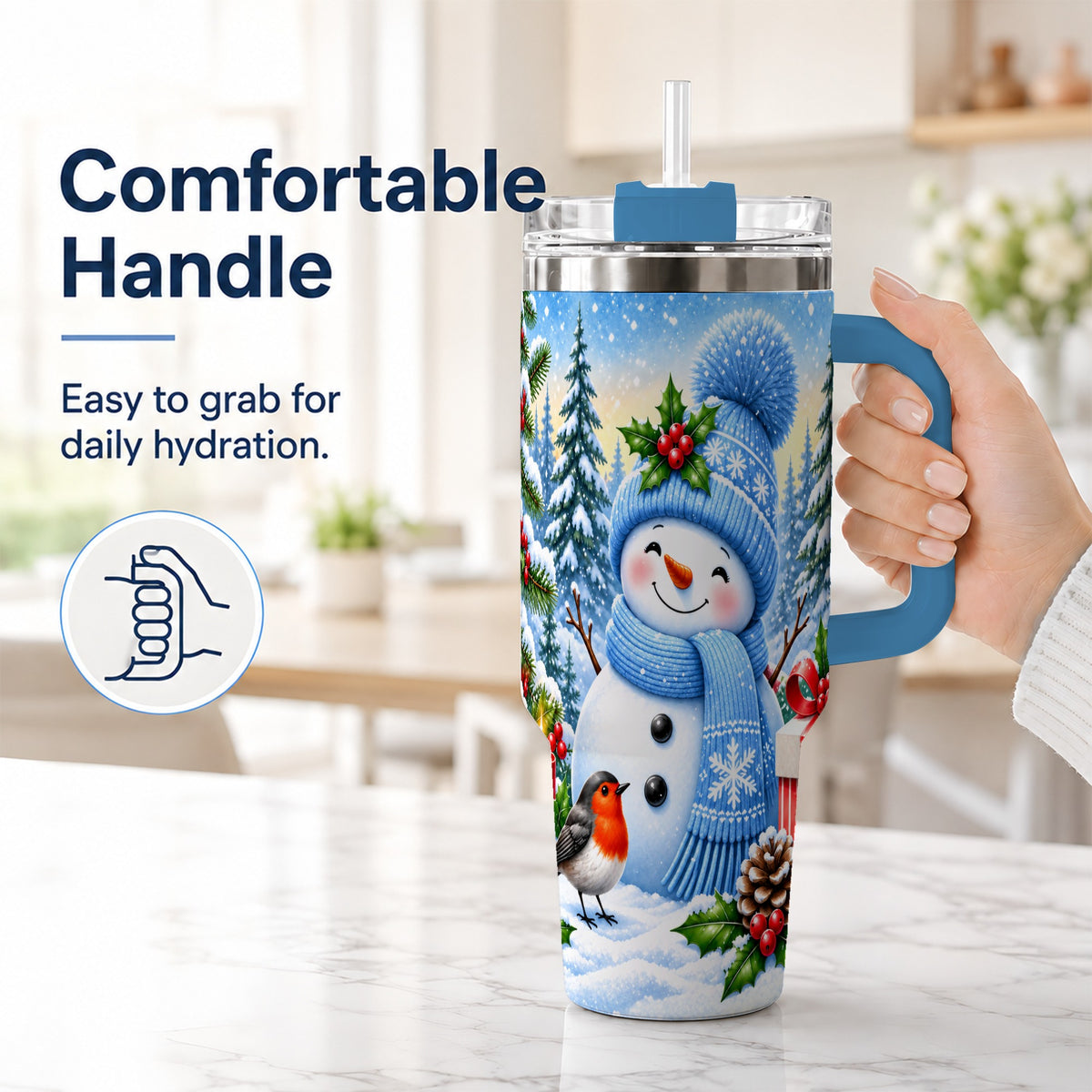 #pl[40oz|Blue] Winter Snowman 40oz Tumbler with Handle, Snowy Stainless Steel Cup