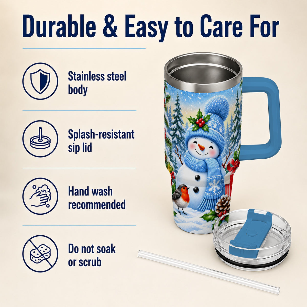 #pl[40oz|Blue] Winter Snowman 40oz Tumbler with Handle, Snowy Stainless Steel Cup