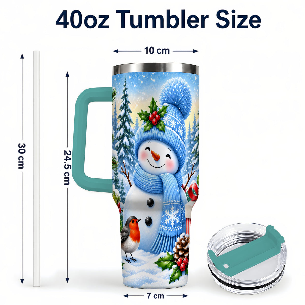 #pl[40oz|Green] Winter Snowman 40oz Tumbler with Handle, Snowy Stainless Steel Cup