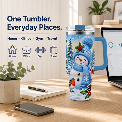 #pl[40oz|Blue] Winter Snowman 40oz Tumbler with Handle, Snowy Stainless Steel Cup