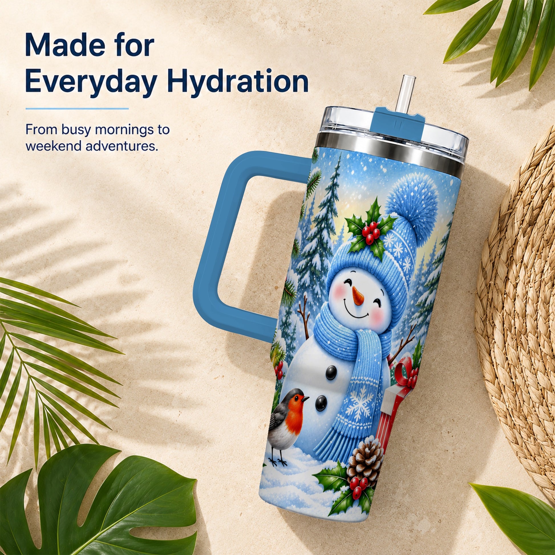 #pl[40oz|Blue] Winter Snowman 40oz Tumbler with Handle, Snowy Stainless Steel Cup