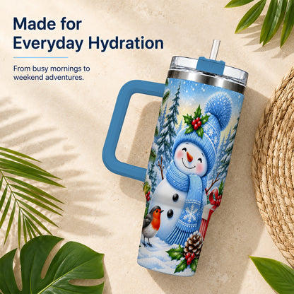 #pl[40oz|Blue] Winter Snowman 40oz Tumbler with Handle, Snowy Stainless Steel Cup