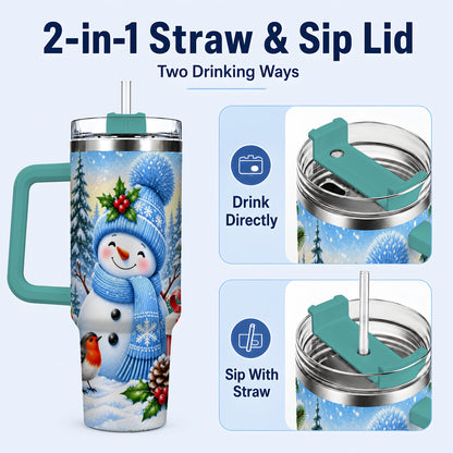 #pl[40oz|Green] Winter Snowman 40oz Tumbler with Handle, Snowy Stainless Steel Cup