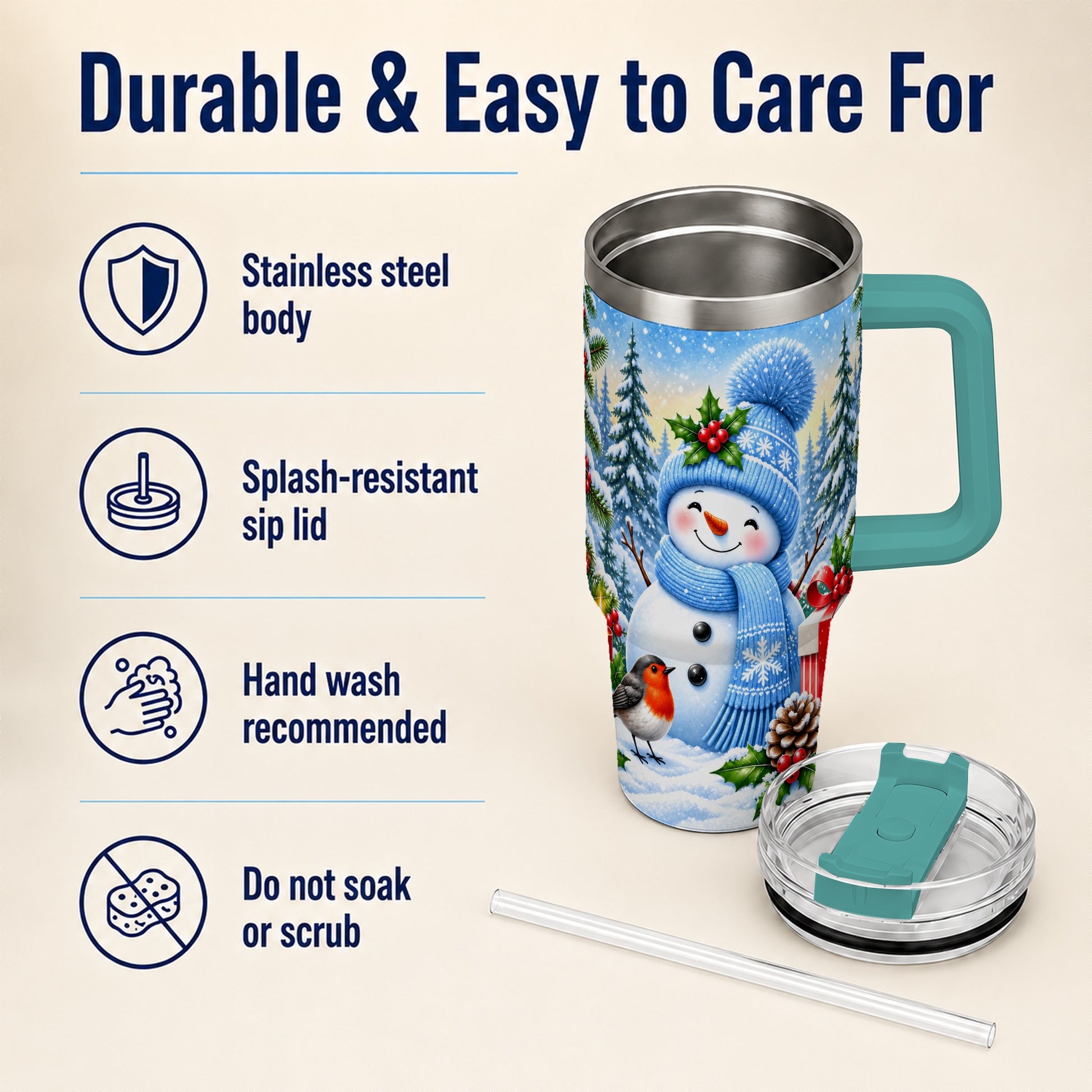 #pl[40oz|Green] Winter Snowman 40oz Tumbler with Handle, Snowy Stainless Steel Cup