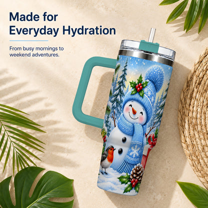 #pl[40oz|Green] Winter Snowman 40oz Tumbler with Handle, Snowy Stainless Steel Cup