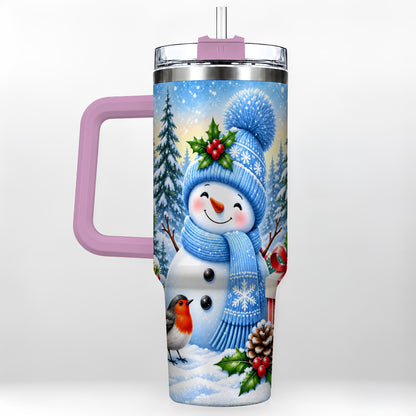 #pl[40oz|Pink] Winter Snowman 40oz Tumbler with Handle, Snowy Stainless Steel Cup