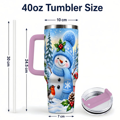 #pl[40oz|Pink] Winter Snowman 40oz Tumbler with Handle, Snowy Stainless Steel Cup
