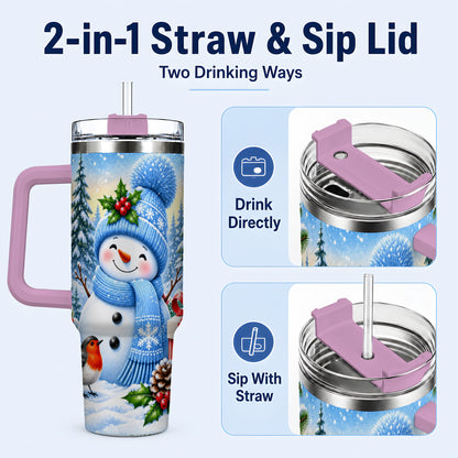 #pl[40oz|Pink] Winter Snowman 40oz Tumbler with Handle, Snowy Stainless Steel Cup