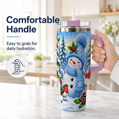 #pl[40oz|Pink] Winter Snowman 40oz Tumbler with Handle, Snowy Stainless Steel Cup