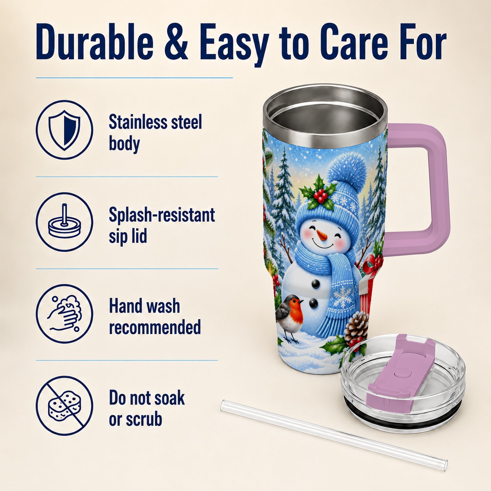 #pl[40oz|Pink] Winter Snowman 40oz Tumbler with Handle, Snowy Stainless Steel Cup