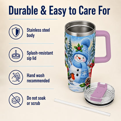 #pl[40oz|Pink] Winter Snowman 40oz Tumbler with Handle, Snowy Stainless Steel Cup