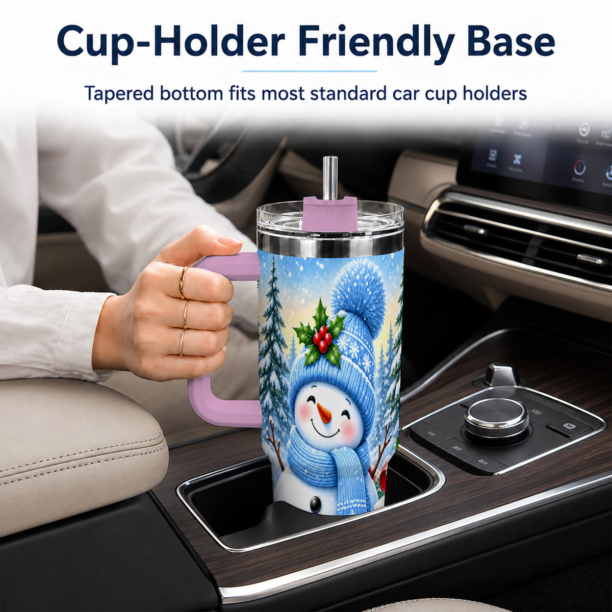 #pl[40oz|Pink] Winter Snowman 40oz Tumbler with Handle, Snowy Stainless Steel Cup