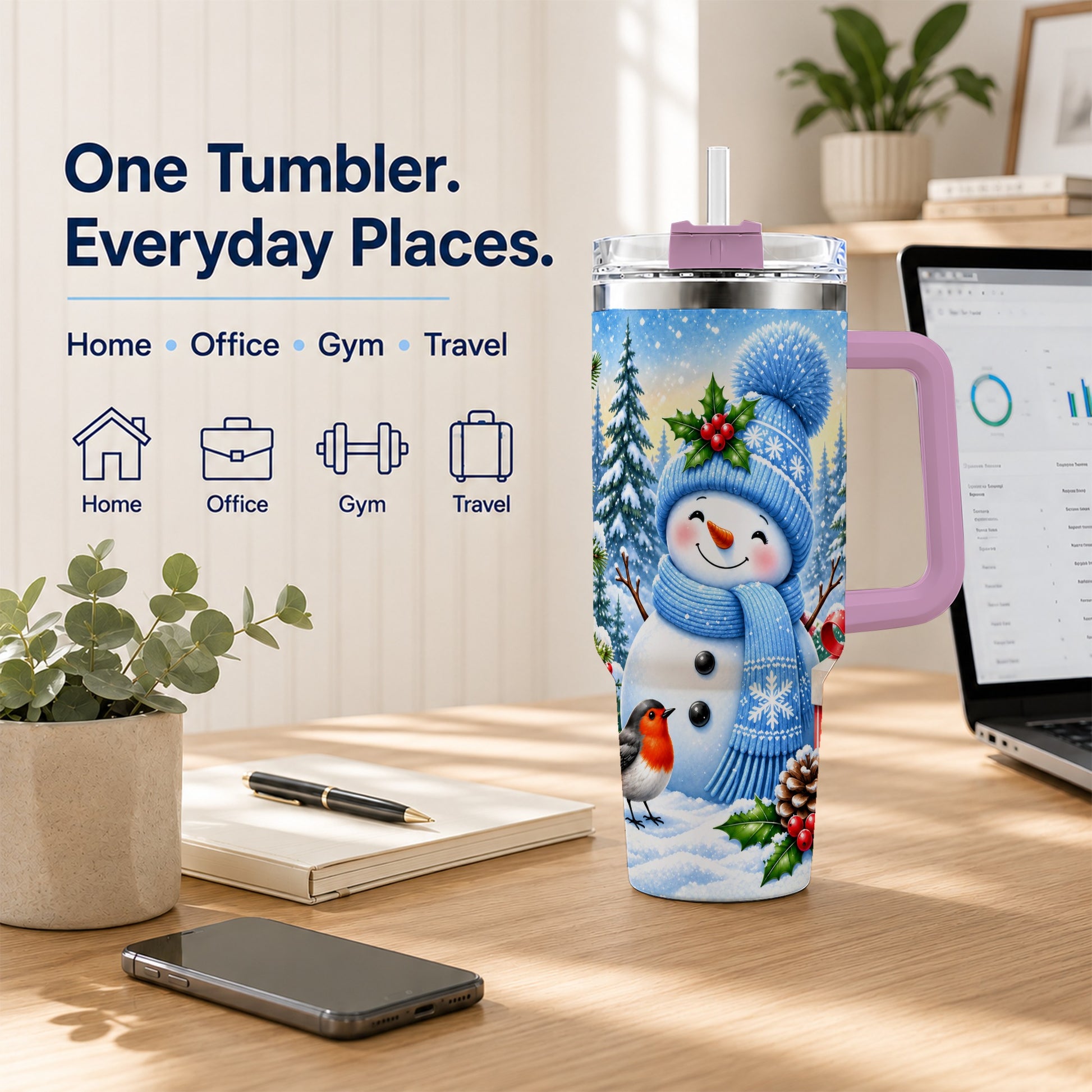 #pl[40oz|Pink] Winter Snowman 40oz Tumbler with Handle, Snowy Stainless Steel Cup