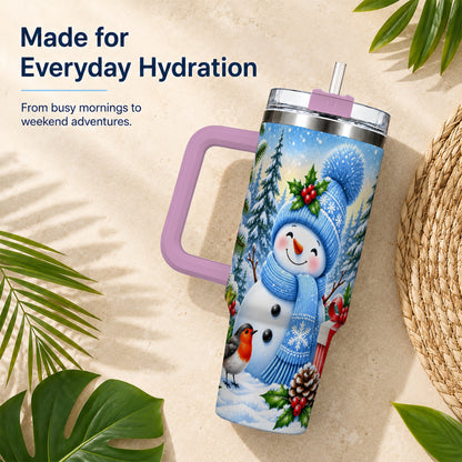 #pl[40oz|Pink] Winter Snowman 40oz Tumbler with Handle, Snowy Stainless Steel Cup